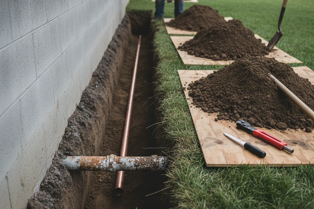 Excavated water line trench during Sewer Line Repair in Tampa